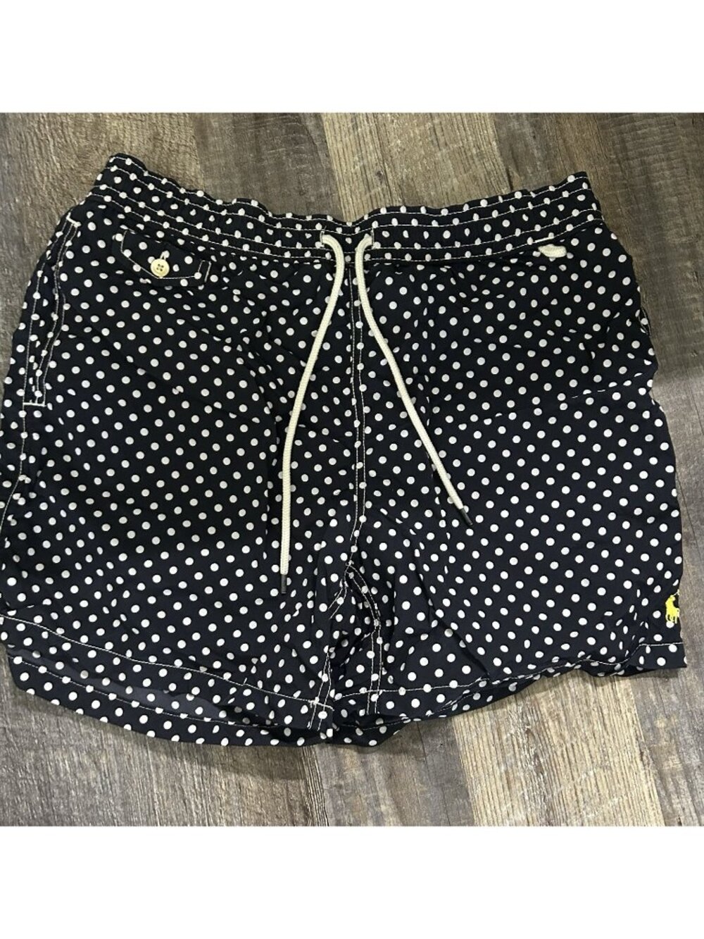 Polo Ralph Lauren Navy Blue and White Dot Swim Trunks Size L Lining Removed